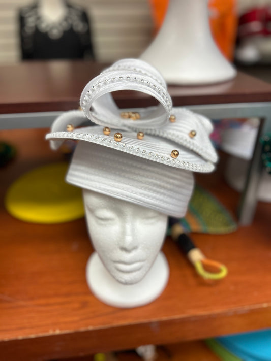 White Derby Style Hat with Gold Bead Accents