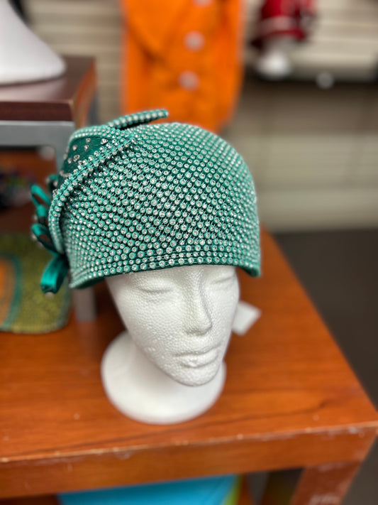 Green & Rhinestone Accent No Brim Hat