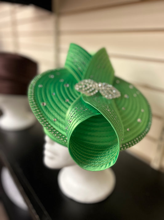 Green Bow & Rhinestone Derby Style Hat