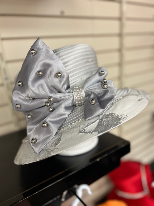 Silver Hat with Bow & Pearl Accents