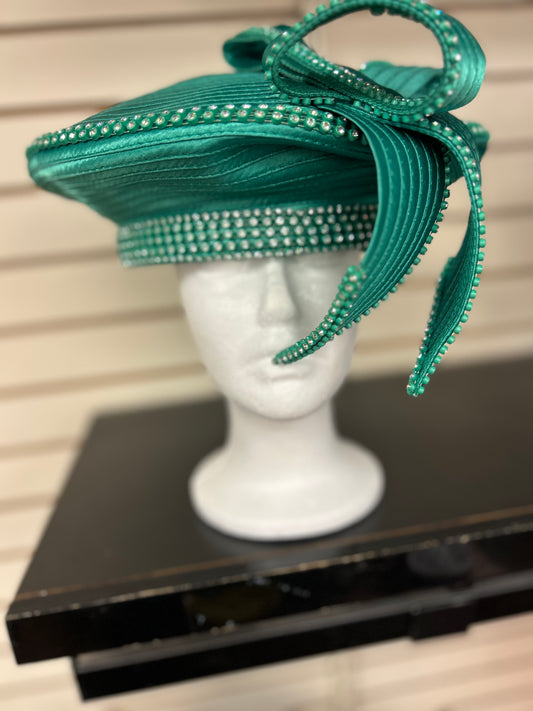 Green Derby Style Hat with Rhinestone Accent